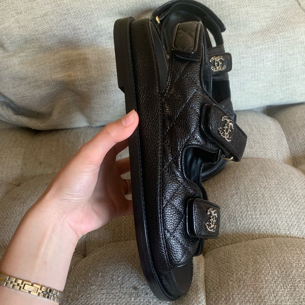 Chanel Dad Sandals Black Caviar Dad Sandal GoldCC Logo Mule Slide Flat size37.5 - Picture 6 of 10